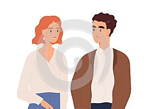 Young couple having friendly conversation vector flat illustration. Smiling man and woman talking together isolated on