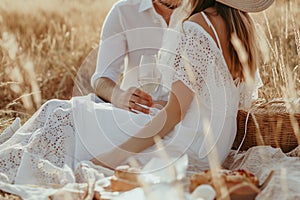 Young couple having goodtime during picnic in the meadow photo