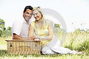 Young couple having picnic in countryside