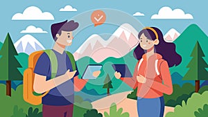 A young couple hiking in the mountains with a portable languagelearning device which uses voice recognition technology