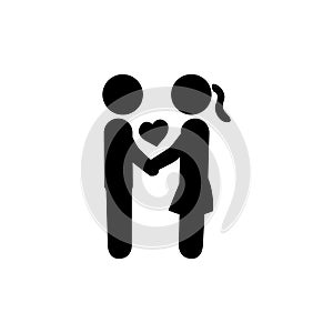 Young couple hold hands, heart icons vector background