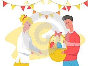 Young couple holding basket Easter eggs