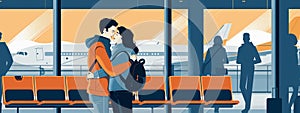 Young couple hugging in the airport. Flat illustration for web. Travelling