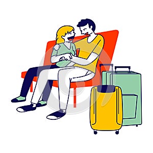 Young Couple Hugging on Bench with Luggage Bags Stand nearby in Airport Waiting Area, Flight Delay