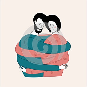 A young couple hugs very tight with very long arms, wrap one another. Love relationship and interdependence concept. Made in
