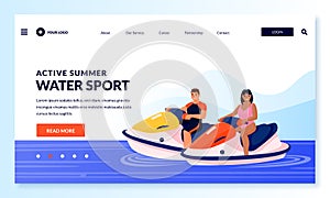 Young couple on jet ski. Vector flat cartoon people characters illustration. Man and woman rides water scooter