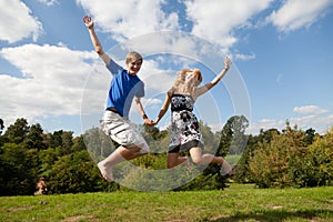 Young couple jumping