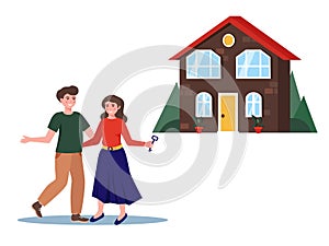 Young couple with key happy to buy new house. Real estate business concept. Buing the house