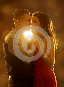 Young Couple Kissing in Love, Woman and Man Dating, Happy Girl