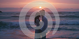 A young couple kissing at sunset against the background of the sea surf