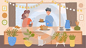 A young couple in the kitchen is cooking Vector Flat Cozy