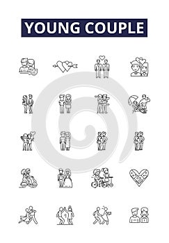 Young couple line vector icons and signs. Young, Youthful, Nuptial, Spousal, Bride, Groom, Matrimony, Wedlock outline