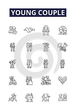 Young couple line vector icons and signs. Young, Youthful, Nuptial, Spousal, Bride, Groom, Matrimony, Wedlock outline photo
