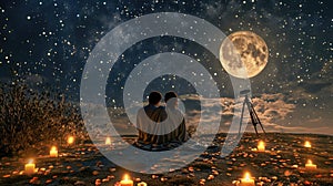 young couple looking out to night sky in valentines day pragma