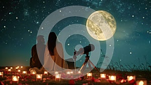 young couple looking out to night sky in valentines day pragma