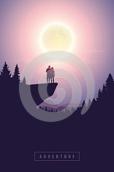 Young couple looks to the full moon mystic nature landscape