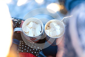 Young couple in love drink a hot drink with marshmallows, sitting in the winter in the forest, tucked in warm, comfortable rugs
