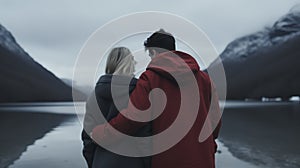 Young couple in love looking at a lake in winter