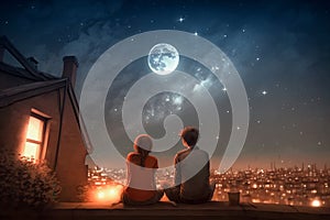Young couple in love looking at the night sky with full moon, romantic scene, illustration generated by AI