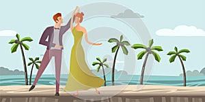 Young couple. Man and woman dancing ballroom dance on a tropical beach with palm trees. Vector illustration.