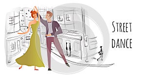 Young couple in love. Man and woman dancing in the street of the old town. Vector illustration.