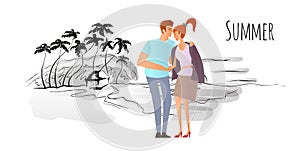 Young couple in love. Man and woman on a romantic date on a tropical beach with palm trees. Vector hand-drawn sketch