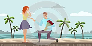 Young couple in love. Man and woman on a romantic date on a tropical beach with palm trees. Vector illustration.