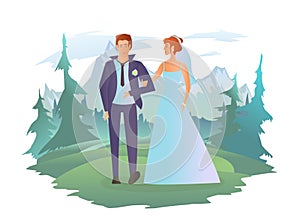 Young couple in love. Man and woman at the wedding ceremony in the summer mountain landscape. Vector illustration