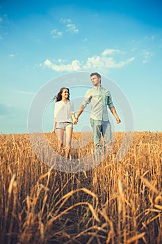 Young couple in love outdoor.Stunning sensual outdoor portrait of young stylish fashion couple posing in summer in field.Happy