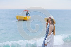 A Young Couple Love Resting on the Beach Smiling Stock Picture