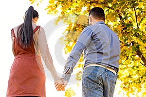 Young couple in love walking in the autumn park holding hands looking in the sunset