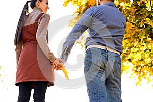 Young couple in love walking in the autumn park holding hands looking in the sunset