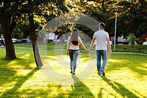 Young couple in love walking through meadow on sunny day