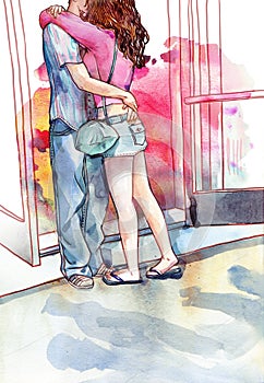 Young couple lovers kissing and hugging watercolor