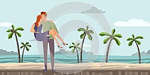 Young couple of lovers. Man and woman on a romantic date on a tropical beach with palm trees. A man carries a woman on