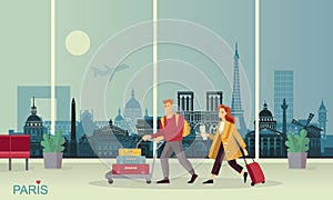 Young couple with Luggage at the airport. Against the background of an abstract panorama of the Paris attractions.