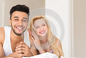 Young Couple Lying In Bed, Happy Smile Hispanic Man And Woman