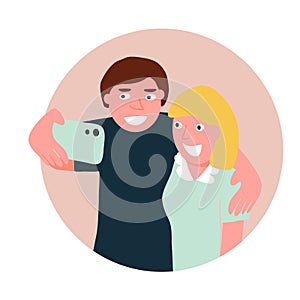 Young couple makes selfie on vacation, round background, vector