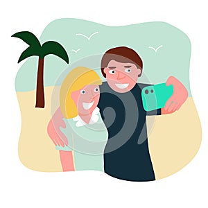 Young couple makes selfie on vacation, tropical background, vector