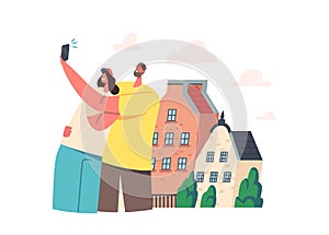 Young Couple Making Selfie on Phone front of their New House or Foreign City Street. Happy Characters Shoot Portraits