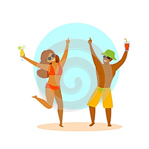 Young couple, man and woman dancing celebrating enjoying vacation time on a beach