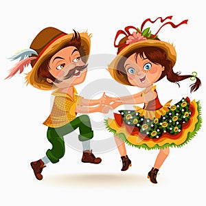 Young couple man woman dancing salsa on festivals celebrated in Portugal Festa de Sao Joao, girl straw hat traditional