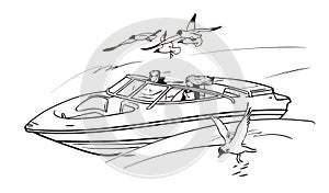 Young couple man and woman, driving speed motor boat among flying seagulls. Boy and girl on summer vacation. Sketch