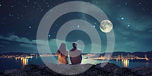 young couple man and woman sit on rock at night sea watching starry sky and big moon on horizon mediterranean city