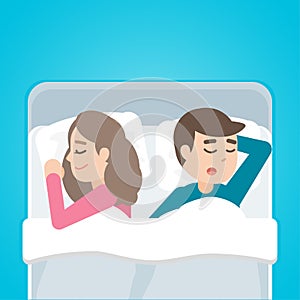 Young couple man and woman sleeping in bed together. Vector cartoon illustration