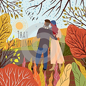 Young couple meets new autumn day. Sunrise, hills,trees, flying birds, natural landscape in a trendy flat cute style