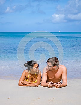 young couple men and women on vacation Saint Lucia, luxury holiday Saint Lucia Caribbean