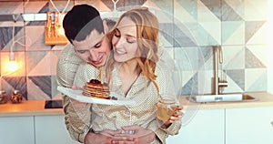 Young couple in morning with pancakes