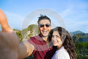 Young Couple Mountain View Point Happy Smiling Man And Woman Taking Selfie Photo On Cell Smart Phone Asian Holiday