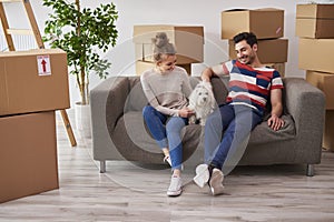 Young couple in new apartment with small dog